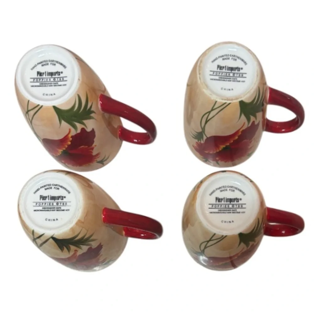 Pier 1 Poppies Mug 4 Piece Set Hand Painted Earthenware Replacements Red Floral